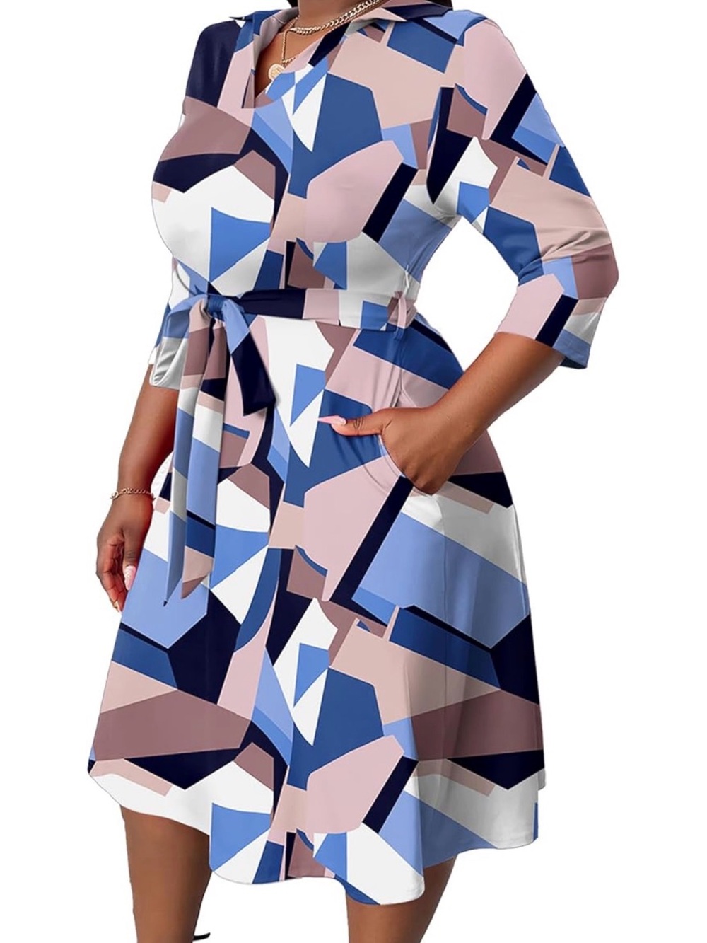 FANDEE Geometric Print Blue & Pink Tie-Waist A-Line Dress - Picture 11 of 12